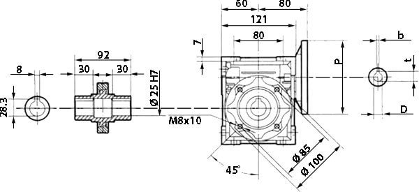 Вид сбоку и размеры редуктора CHM-50 i=80 71 типоразмер электродвигателя