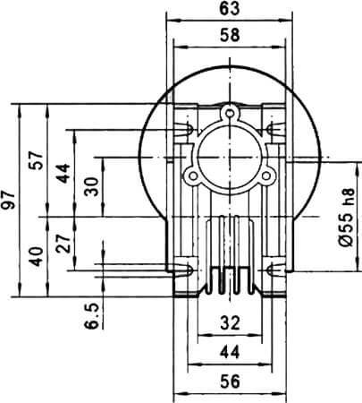 Вид сзади и размеры редуктора CHM-30 i=30 63 габарит электромотора