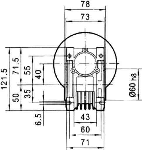 Вид сзади и размеры редуктора CHM-40 i=80 63 габарит электромотора