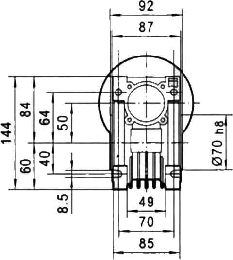 Вид сзади и размеры редуктора CHM-50 i=20 71 габарит электромотора