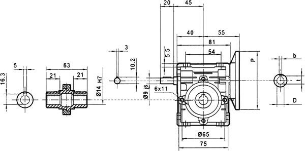 Вид сбоку и размеры редуктора CHME-30 i=7,5 63 типоразмер электродвигателя