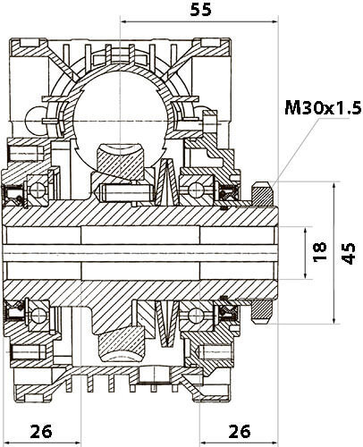 Вид в разрезе и размеры редуктора CHML-40 i=15 71 габарит электромотора