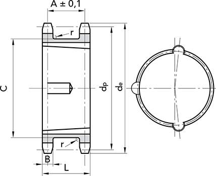 Габаритные размеры звездочки 10B для двух однорядных цепей стандарта ISO 18 зубов и установкой при помощи коничкеской втулки Taper Lock (Bush)