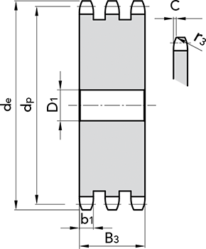 Габаритные размеры плоской трехрядной звездочки ASA 60 для роликовой цепи стандарта ANSI 14 зубов