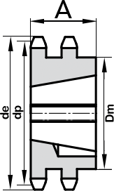 Габаритные размеры двухрядной звездочки 16B стандарта ISO 23 зуба для установки при помощи коничкеской втулки Taper Lock (Bush)
