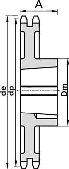 Габаритные размеры двухрядной звездочки 16B стандарта ISO 38зубов для установки при помощи коничкеской втулки Taper Lock (Bush)