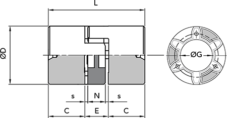 Чертеж с размерами алюминиевой кулачковой полумуфты GE-T 19-24 SG в исполнении под расточку посадочного диаметра