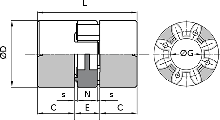 Чертеж с размерами алюминиевой кулачковой полумуфты GE-T 38-45 SG в исполнении под расточку посадочного диаметра