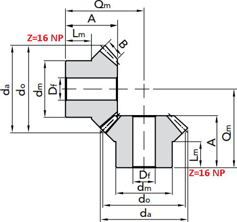 Чертеж шестерни конической модуля M2.5 1:1 Z=16 NP