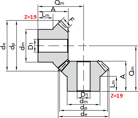 Чертеж шестерни конической модуля M5 1:1 Z=19