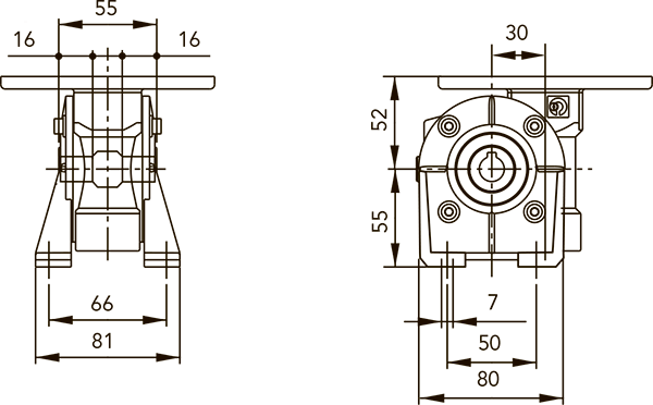 Вид и размеры при расположении лап в варианте V редуктора CH 03 i=60 для 56 типоразмера электродвигателя