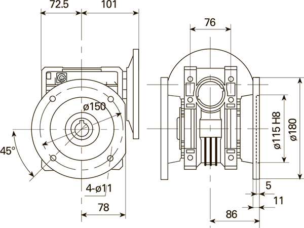 Вид и размеры при креплении бокового фланеца справа или слева редуктора CH 06 i=7 для 90 типоразмера электродвигателя