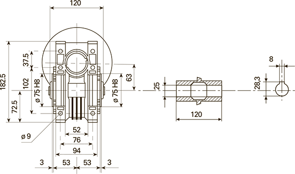Вид сзади и размеры редуктора CH 06 i=7 для 90 типоразмера электродвигателя