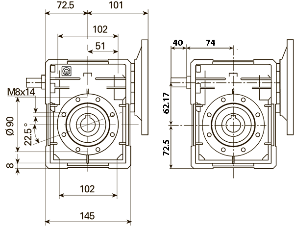 Вид сбоку и размеры редуктора CHE 06 i=7 для 80 типоразмера электродвигателя