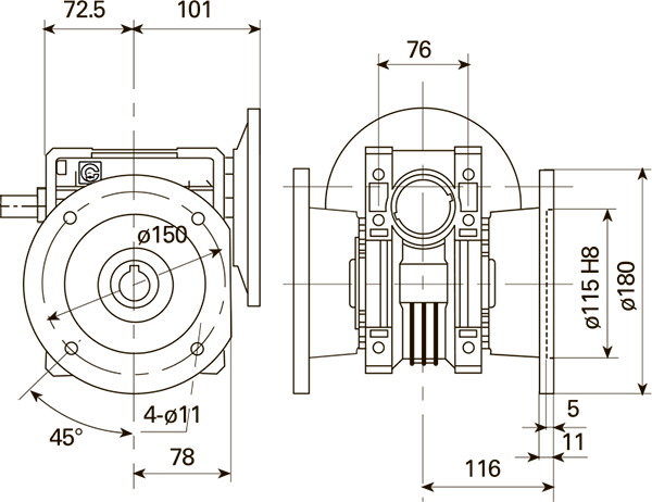 Вид и размеры при креплении удлиненного бокового фланеца справа или слева редуктора CHE 06 i=7 для 90 типоразмера электродвигателя