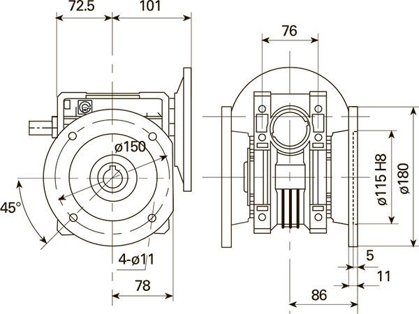 Вид и размеры при креплении бокового фланеца справа или слева редуктора CHE 06 i=7 для 80 типоразмера электродвигателя