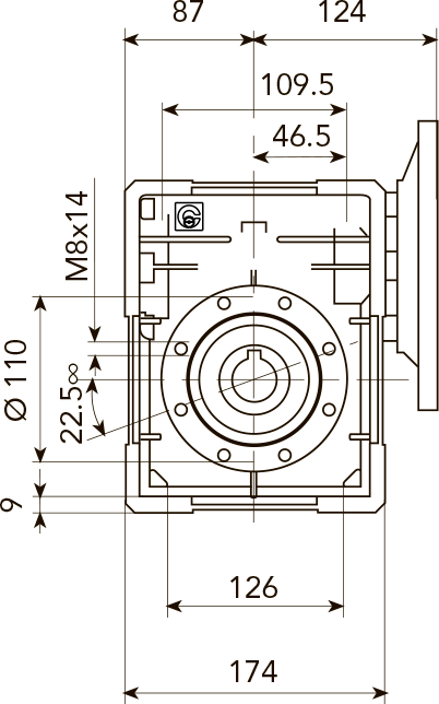 Вид сбоку и размеры редуктора CH 07 i=7 для 100 или 112 типоразмера электродвигателя