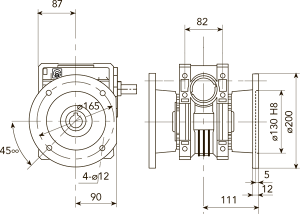 Вид и размеры при креплении удлиненного бокового фланеца справа или слева редуктора CHR 07 i=60