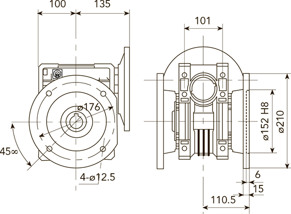 Вид и размеры при креплении бокового фланеца справа или слева редуктора CH 08 i=30 для 100 или 112 типоразмера электродвигателя