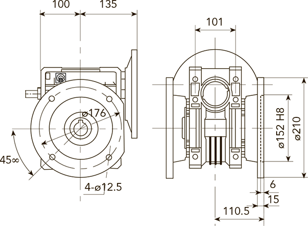 Вид и размеры при креплении бокового фланеца справа или слева редуктора CHE 08 i=7 для 100 типоразмера электродвигателя