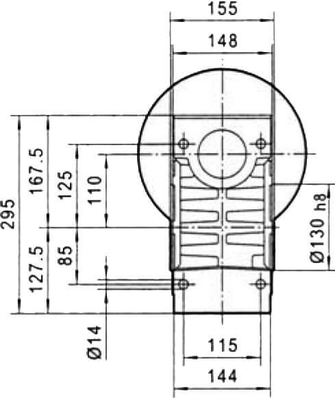 Вид сзади и размеры редуктора CHM-110 i=50 90 габарит электромотора