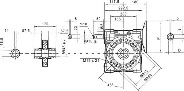 Вид сбоку и размеры редуктора CHME-130 i=10 132 типоразмер электродвигателя