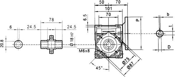 Вид сбоку и размеры редуктора CHM-40 i=25 71 типоразмер электродвигателя