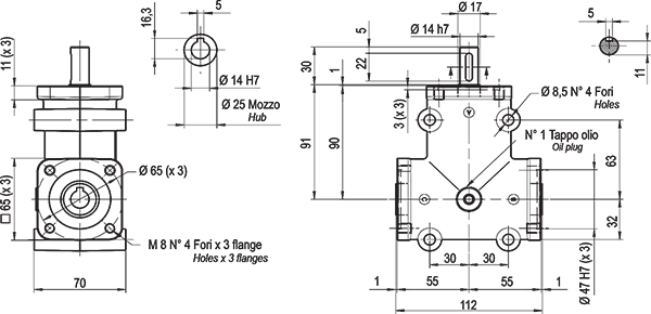 Габаритные размеры углового редуктора RP с выходным валом 14 мм серий R31411(10-12)