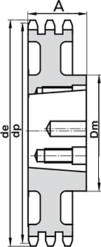 Габаритные размеры трехрядной звездочки 16B стандарта ISO 114 зубов для установки при помощи коничкеской втулки Taper Lock (Bush)